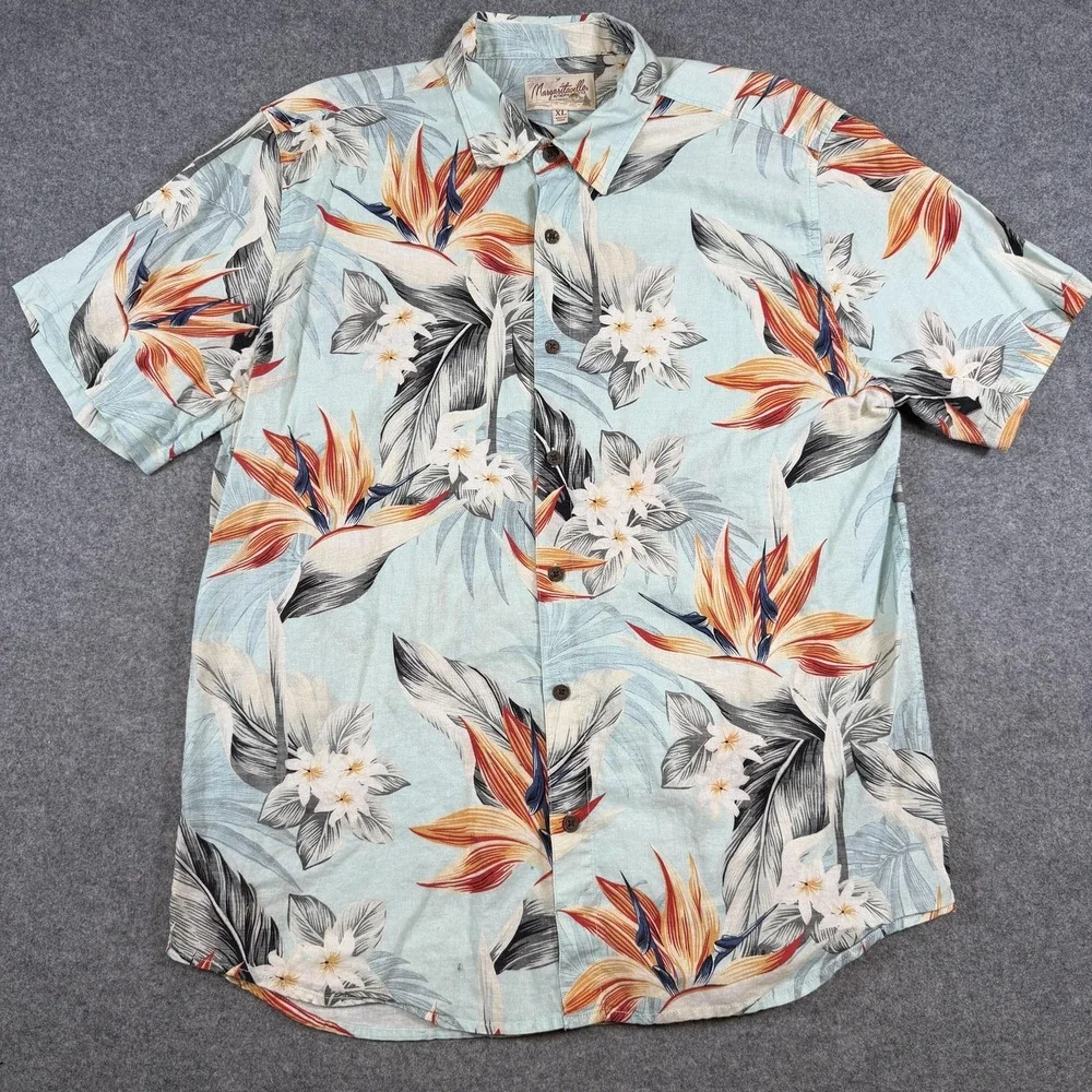 Margaritaville Shirt Mens XL Blue Floral Hawaiian Tropical Short Sleeve